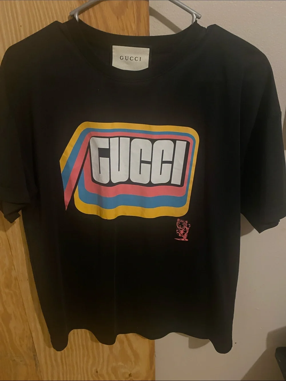 Gucci Black Tee with Multicolor Retro Logo